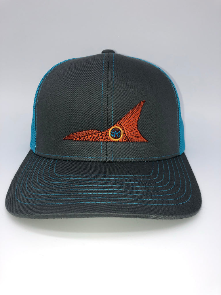 Orange Redfish Tail on Navy Meshback Trucker Hats by Skiff Life
